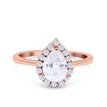 14K Rose Gold Teardrop Halo Art Deco Pear Ring Simulated Cubic Zirconia Wedding Engagement Ring